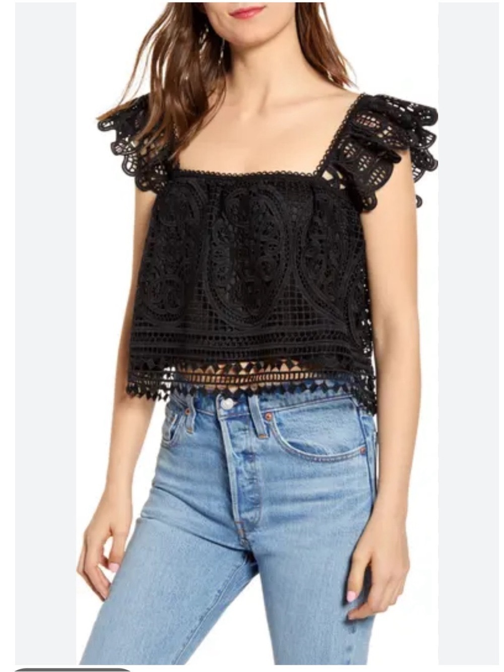 Black Crochet Square-Neck Crop Top